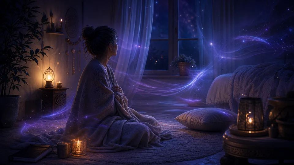 Pessoa sentada em quarto calmo à noite percebendo correntes de luz azul-violeta no ambiente sem figuras assustadoras