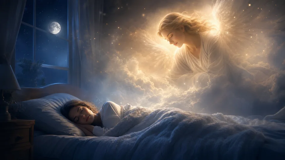 Pessoa dormindo enquanto uma presença angelical luminosa aparece em sonho para proteção e orientação espiritual