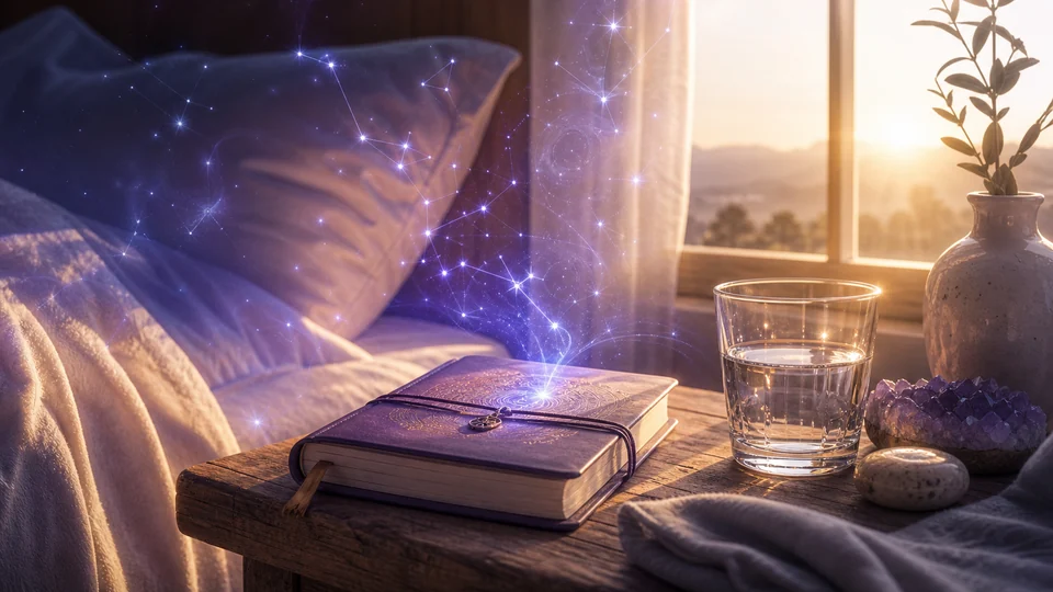 Diário de sonhos ao amanhecer com constelações violeta se dissolvendo em luz dourada