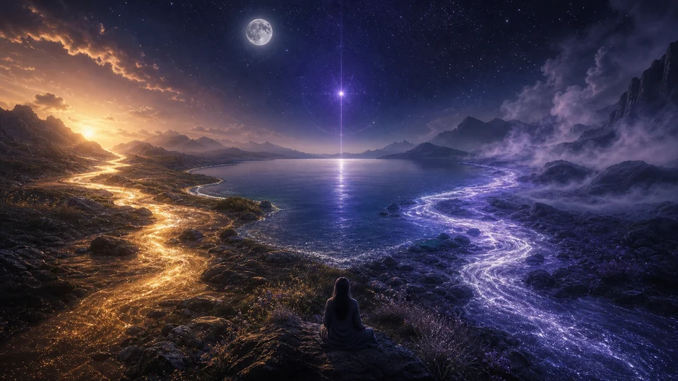 Paisagem de sonho com dois rios sob estrelas simbolizando diferença entre emoção e sinal espiritual