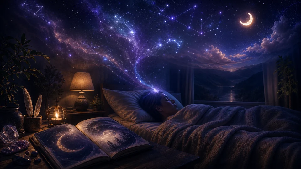 Quarto calmo com céu estrelado azul-violeta entrando pelo sonho e diário ao lado da cama