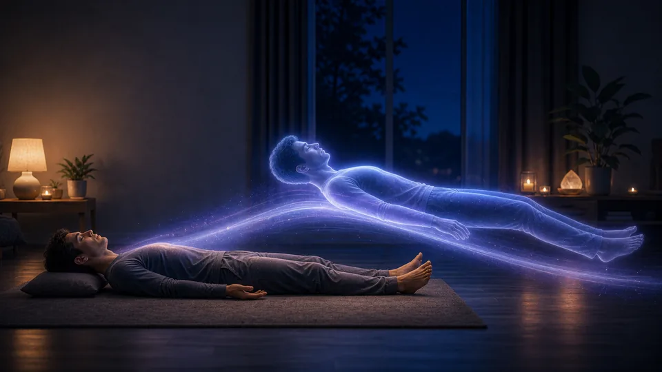 Corpo energético deslizando suavemente para fora do corpo físico durante técnica de projeção astral
