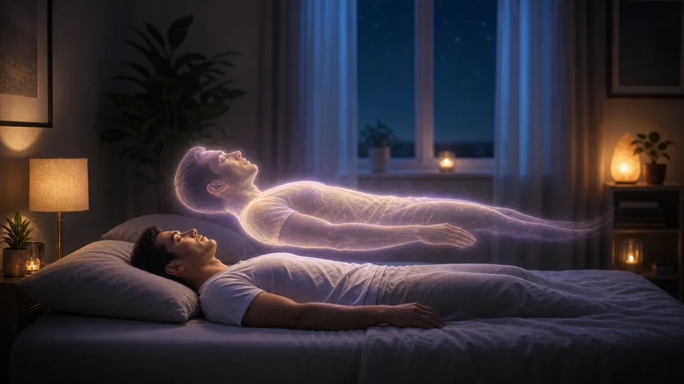 Corpo energético flutuando suavemente acima do corpo físico durante prática de projeção astral