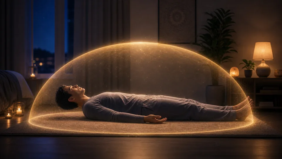 Pessoa em relaxamento profundo envolvida por luz dourada protetora para projeção astral