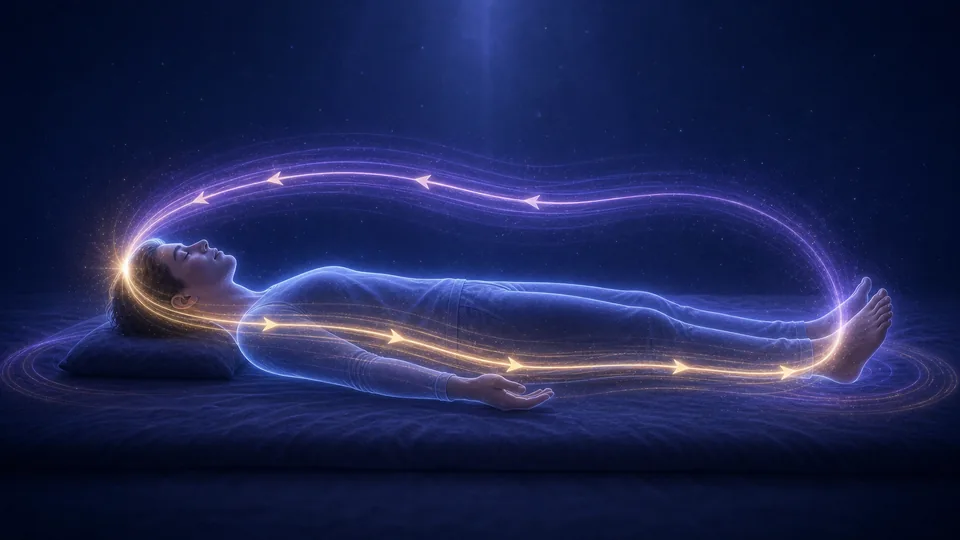 Fluxo das ondas de energia descendo e subindo pelo corpo durante prática de projeção astral