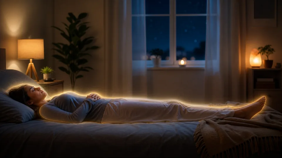 Pessoa em relaxamento profundo com luminosidade suave preparando a prática de projeção astral