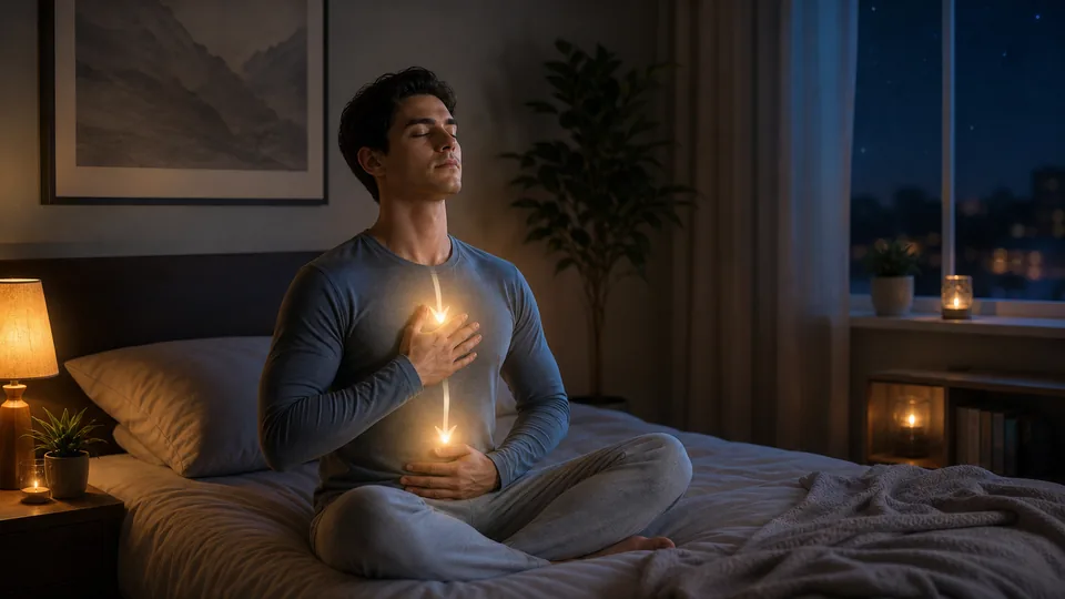 Pessoa praticando respiração profunda com luz suave no peito e abdômen antes da projeção astral