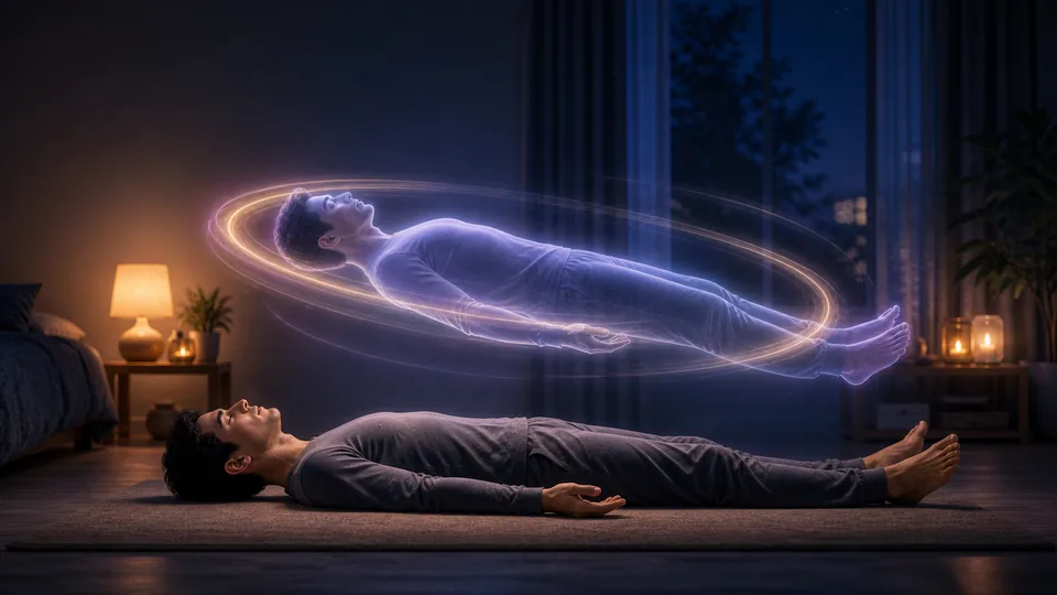 Corpo energético girando suavemente acima do corpo físico durante técnica de projeção astral da rotação