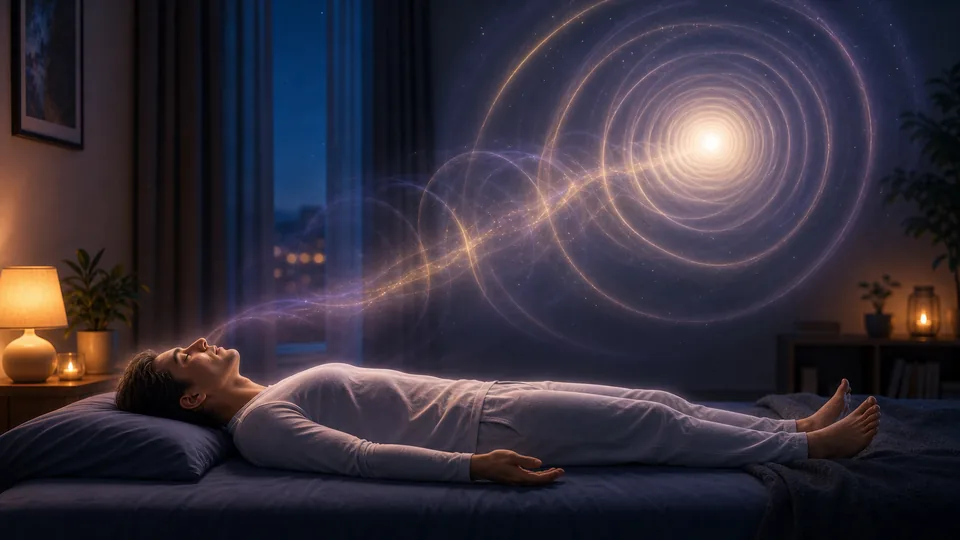 Pessoa em relaxamento profundo visualizando um túnel de luz suave para projeção astral