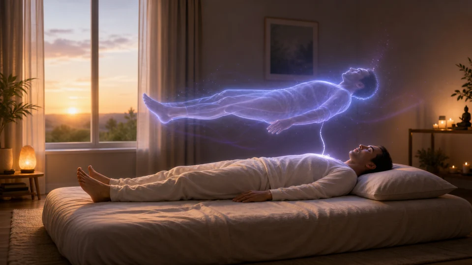 Pessoa em repouso com corpo energético sutil durante prática inicial de projeção astral