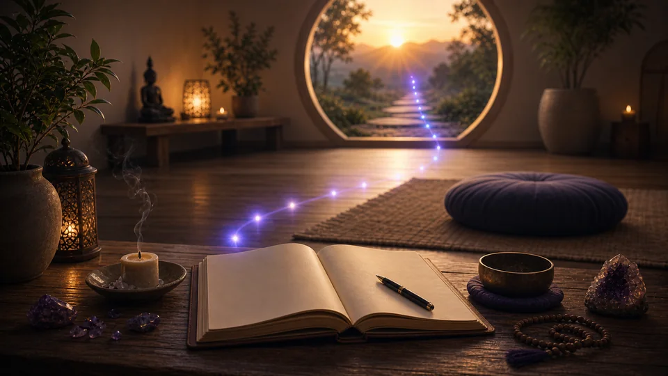 Caminho de pequenas luzes saindo de um diário espiritual até portal circular se abrindo ao amanhecer