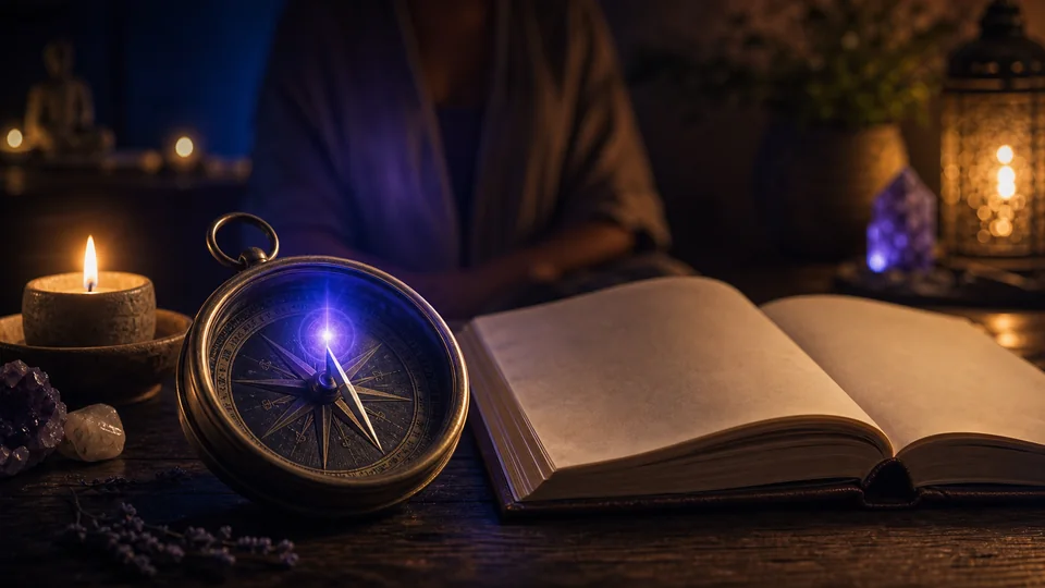 Bússola apontando para uma luz azul-violeta ao lado de diário e vela para representar intuição e discernimento
