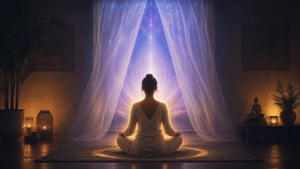 Pessoa diante de um véu luminoso protegido por luz dourada para representar terceiro olho e mediunidade equilibrada