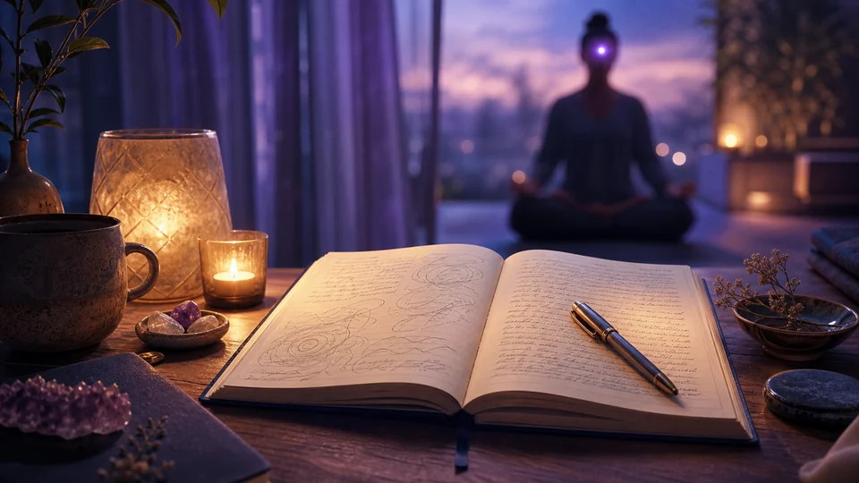 Caderno espiritual aberto para registrar intuições, sonhos e percepções com discernimento