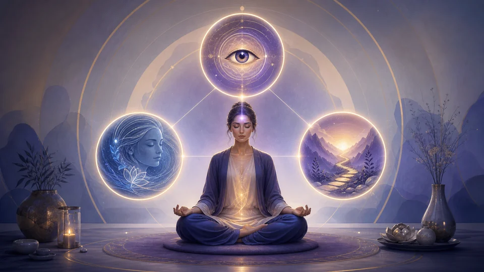 Pessoa meditando entre símbolos de percepção, equilíbrio emocional e discernimento espiritual