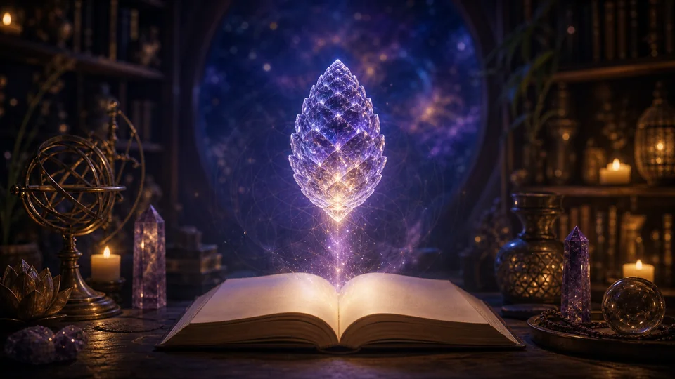 Cristal luminoso sobre livro aberto em biblioteca espiritual para simbolizar pineal, terceiro olho e desenvolvimento interior