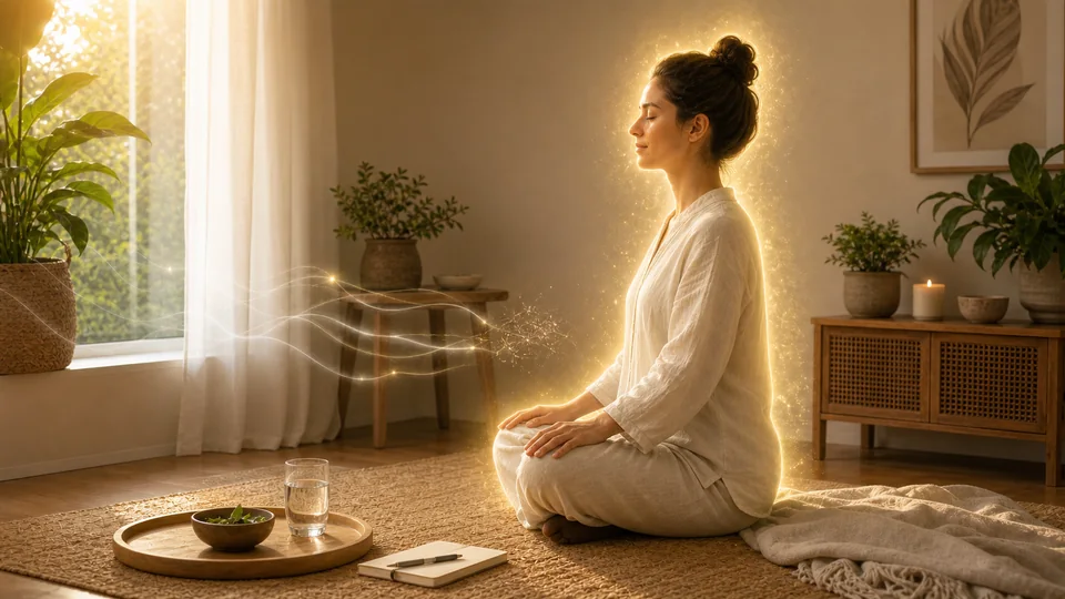 Pessoa em meditação com aura dourada protegida após contato drenante