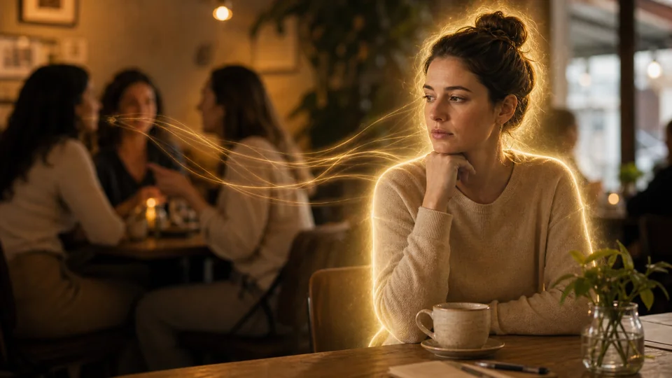 Pessoa em café percebendo fios de energia sendo drenados em conversa social