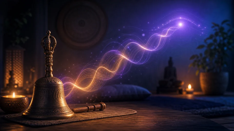 Sino em ambiente de meditação com ondas violeta e douradas simbolizando chamados internos