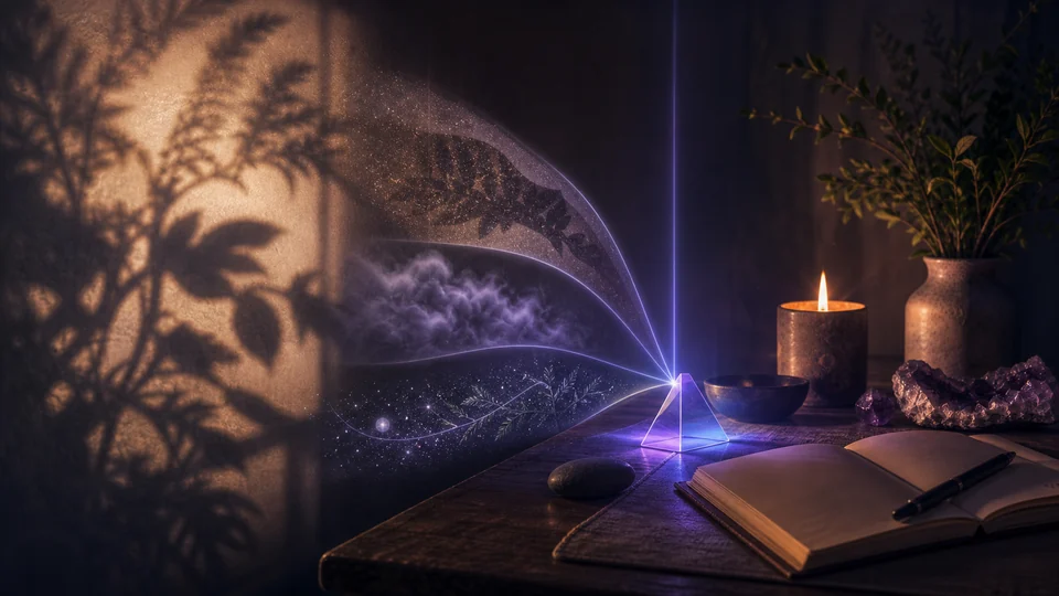 Sombra de plantas e prisma de luz em mesa de meditação simbolizando percepção visual sutil