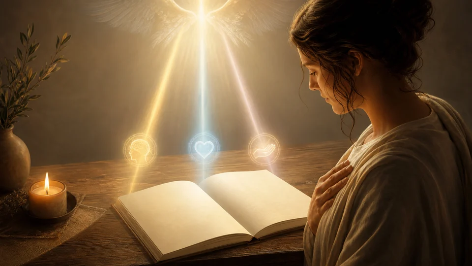 Mesa de estudo espiritual com luz dourada representando a leitura das virtudes angelicais