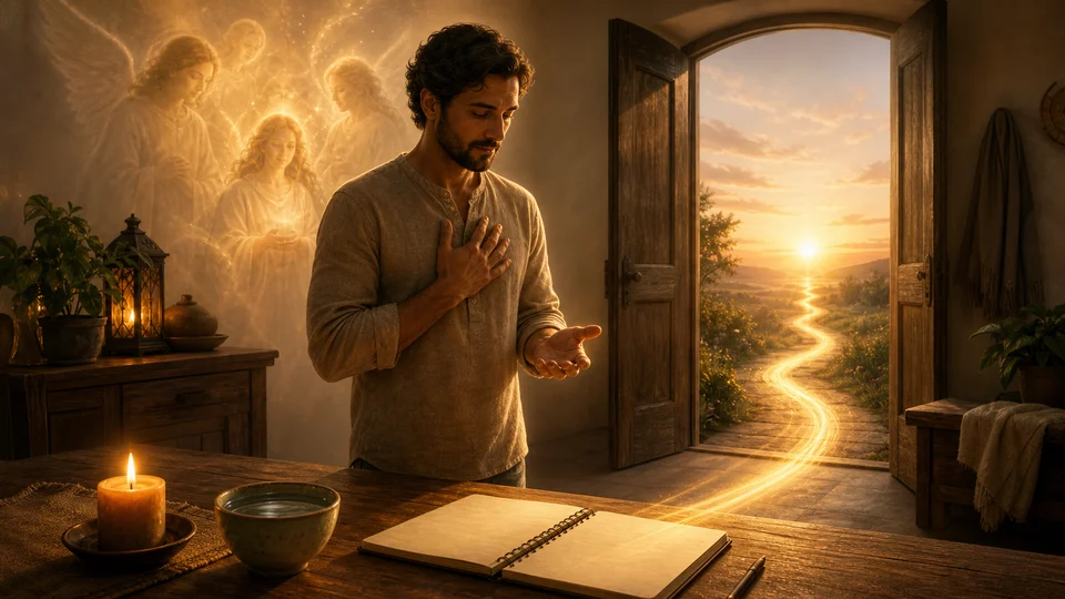 Pessoa praticando virtudes angelicais com luz dourada nas mãos