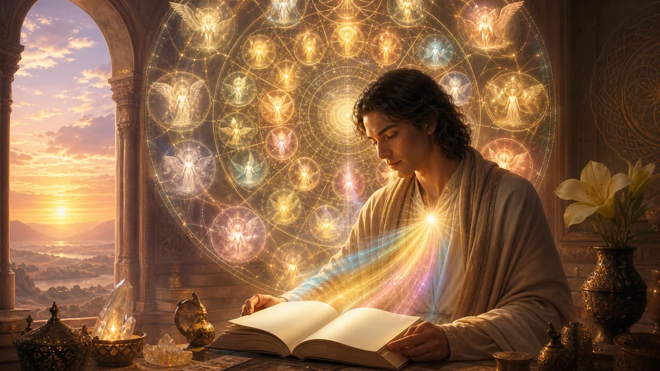 Pessoa estudando as virtudes dos 72 anjos cabalísticos em uma mandala luminosa
