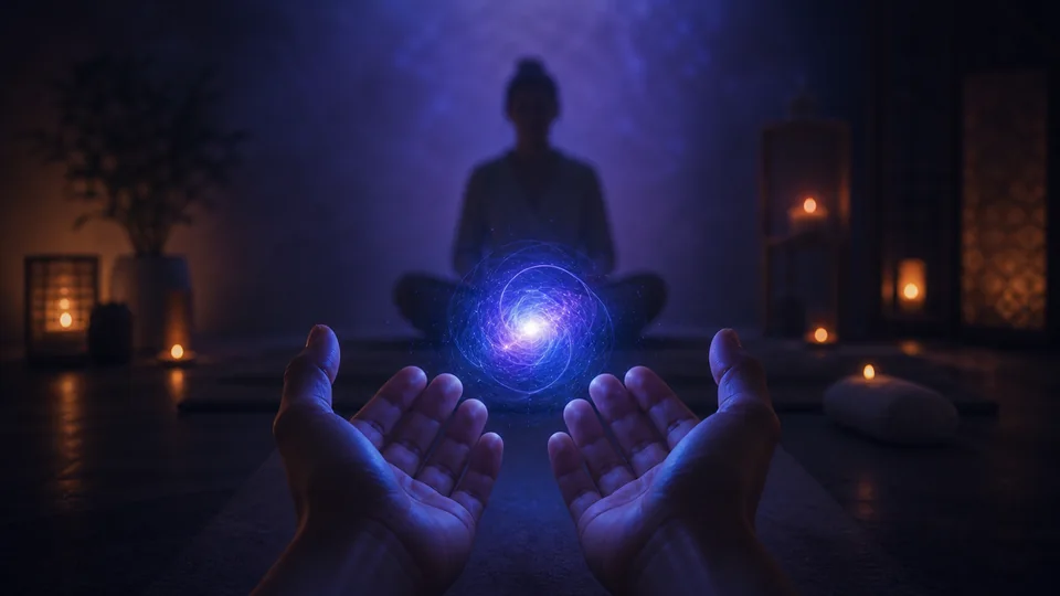 Esfera azul-violeta de luz flutuando entre as mãos durante prática de visualização para abrir o terceiro olho