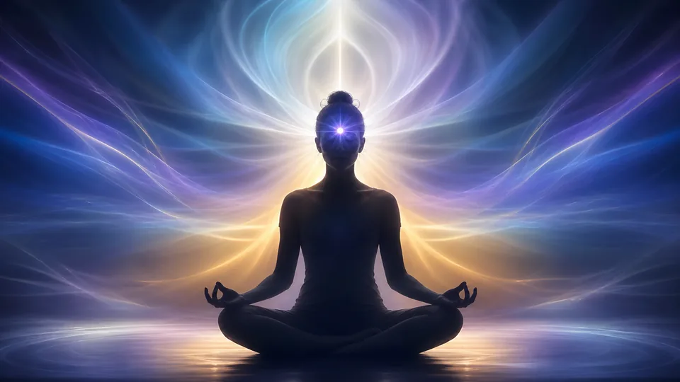 Luzes azul, violeta, branca e dourada ao redor de uma pessoa meditando para visualização no terceiro olho