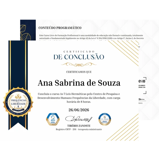 Certificado de conclusão e conteúdo programático do Curso das 7 Leis Herméticas