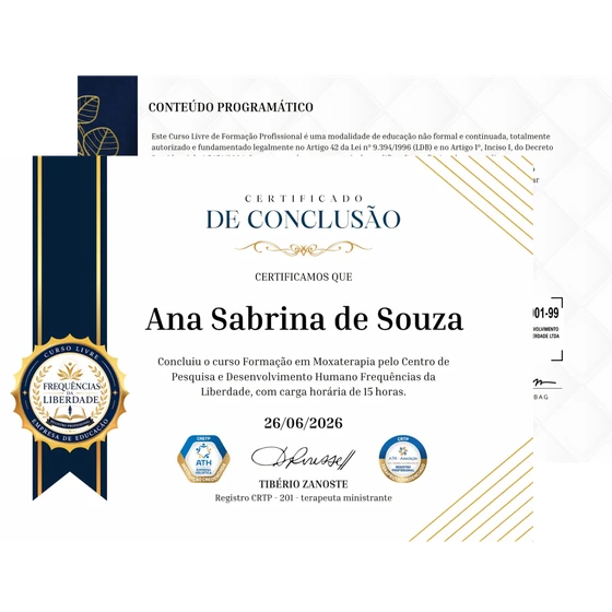 Certificado de conclusão e conteúdo programático do curso Formação em Moxaterapia
